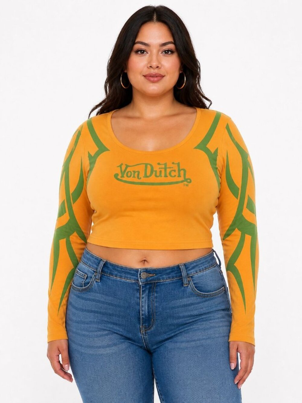 Von Dutch Y2K Crop Top 2X Orange Green Tribal long sleeve fitted baby Tee New